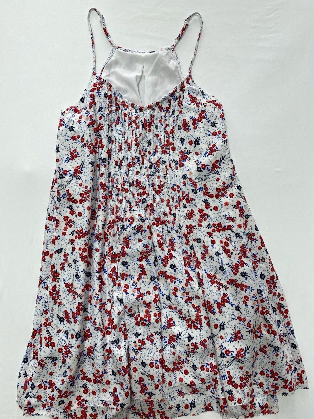 Ditsy Floral Pleated Halter Cami Dress White Red Blue Large 12/14 Cottagecore